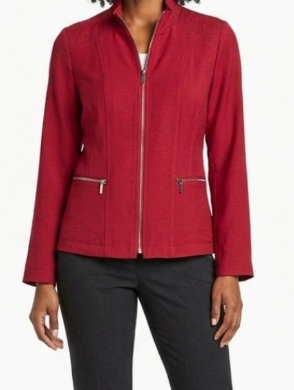 Chicos Jacket Women 1 Red Easy Texture Crossover Zip Pocket Moto Casual Satin M